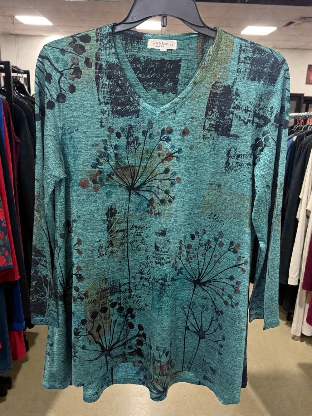 Jess & Jane Teal V-Neck Long Sleeve Floral Script Tee